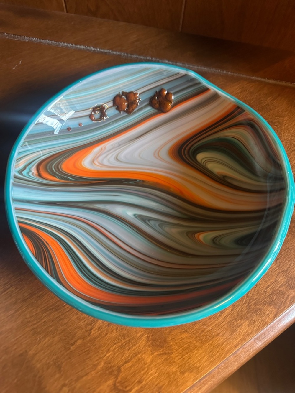 Hand-Blown Swirled Fused Glass Art Bowl Dish in Orange and Turquoise